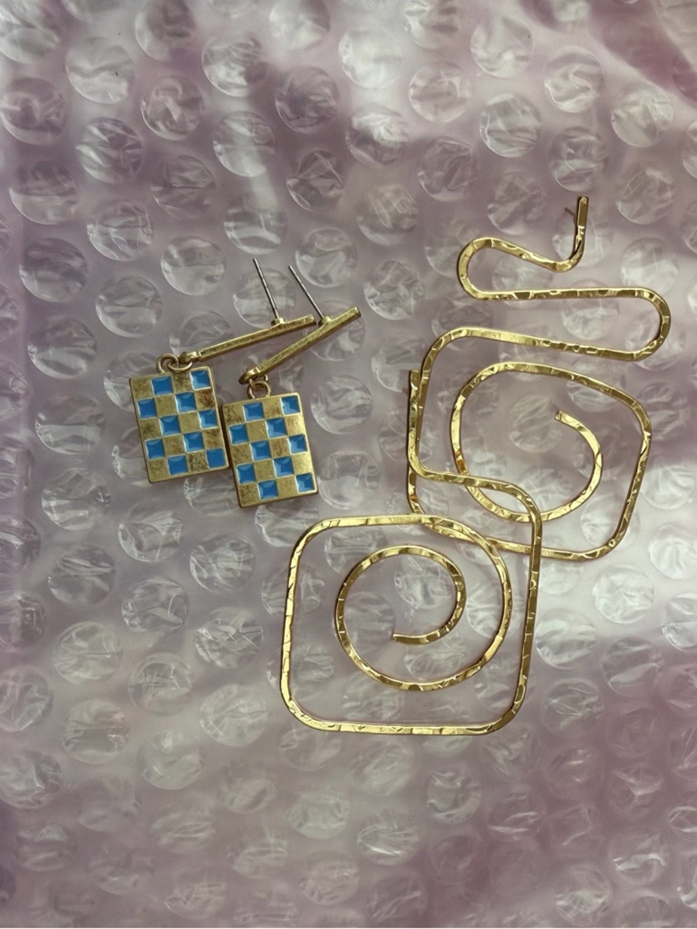Gold Spiral Drop Earrings and Blue Checkerboard Dangle Earrings - Women Jewelry
